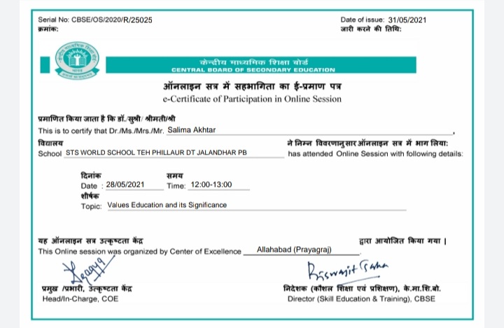I got #CBSE online session certificate Topic:- Values Education and its significance 
Wonderful session 
<a href="/Prabhjo60556013/">Prabhjot Gill</a> 
<a href="/raminde94301780/">Raminder</a> 
<a href="/cbseindia29/">CBSE HQ</a> 
<a href="/STSWSRAJGOMAL/">S.T.S. World School (Official)</a> 
<a href="/JuanaTech/">Juana Technologies</a>