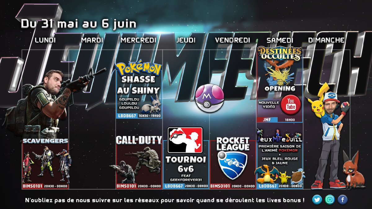 Jeuxmfeyech's tweet photo. Hey yO les loulous comment ils vont ?! Un planning sauvage apparaît 👾

C’est notre BiMs qui ouvre le bal ce soir avec un live Scavengers !

Du côté de LbdB, c’est tout Pokémon cette semaine !!

Bonne journée les loulou(te)s et, surtout, attrapez-les tous ! 👊🏼

#pokemon #Twitch https://t.co/qWaFtknFmH