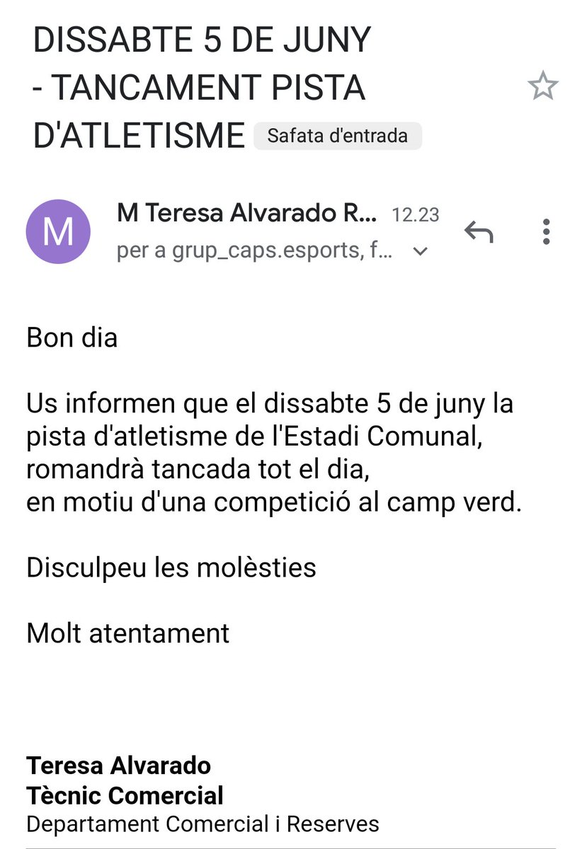 AmicsAtletismeA's tweet photo. 👇👇Informació de servei 👇👇

  @AndorraCapital comunica que el proper dissabte 5/06 romandrà tancada la pista d'atletisme. https://t.co/UBWT8ID5rw