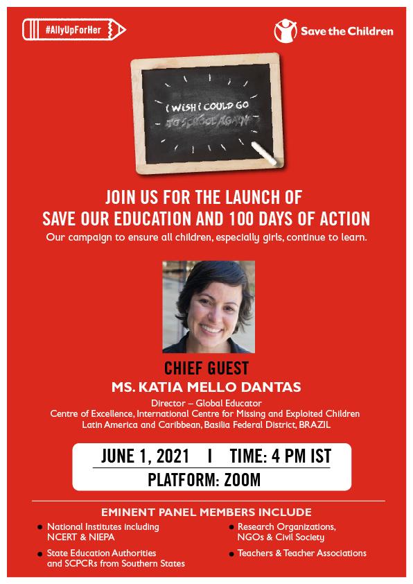 balrakshabharat's tweet image. The onset of #COVID has hit the pause button on #education. Tomorrow, we issue a clarion call to ensure #LearningContinuity for children. Join us as we kick-off #100DaysOfAction to #SaveOurEducation. #AllyUpForHer 

⏰ 4:00 PM IST
 zoom.us/j/99118076504
Passcode: 807218
