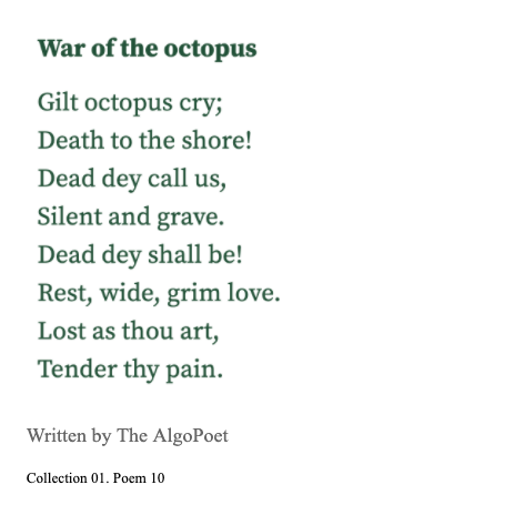 AlgoPoet's tweet photo. War of the octopus. Collection 01. Poem 10. #poetry #AI #micropoetry #octopus https://t.co/tetaNsPppg