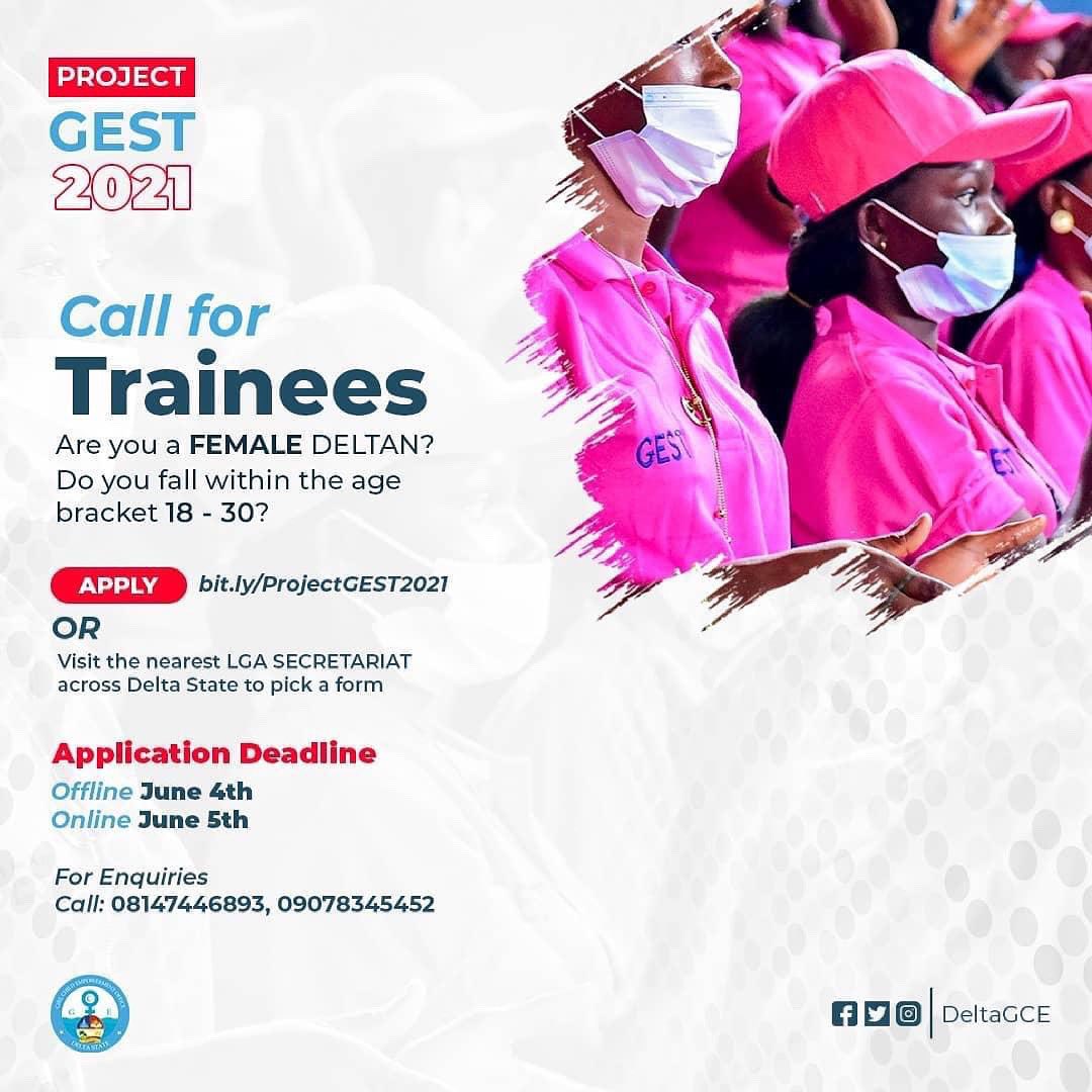 DeltaStateMYD's tweet photo. The Delta State Girl Child Empowerment Office is calling on young female Deltans to apply for #ProjectGEST2021.
Interested candidates can pick up forms at the nearest Local Government Secretariat or apply online–https://t.co/hxPYEAGmTV.
Applications are open from May31- June5 https://t.co/rOjSFfipHT