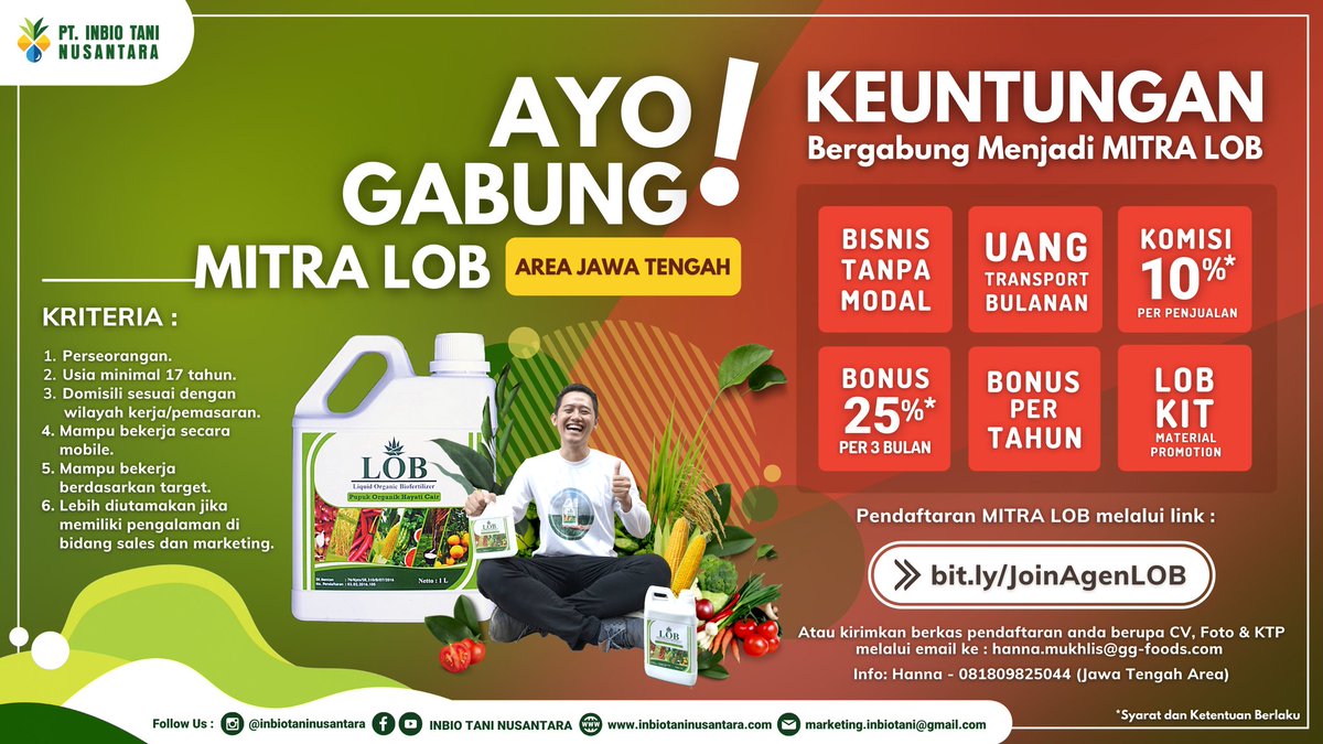 Official_ITN's tweet photo. HAI INSAN TANI SEMUA... 🌱🌱

Inbio Tani Nusantara @Official_ITN lagi buka kesempatan buat Insan Tani yg ingin bergabung menjadi sales agen MITRA LOB. Terbuka untuk Area Lampung, Jabar, Jateng &amp; Jatim.
Detailnya cek disini ya 😘💚
#loker #lowongankerja #lowonganagen #kemitraan https://t.co/iyVrumreGs