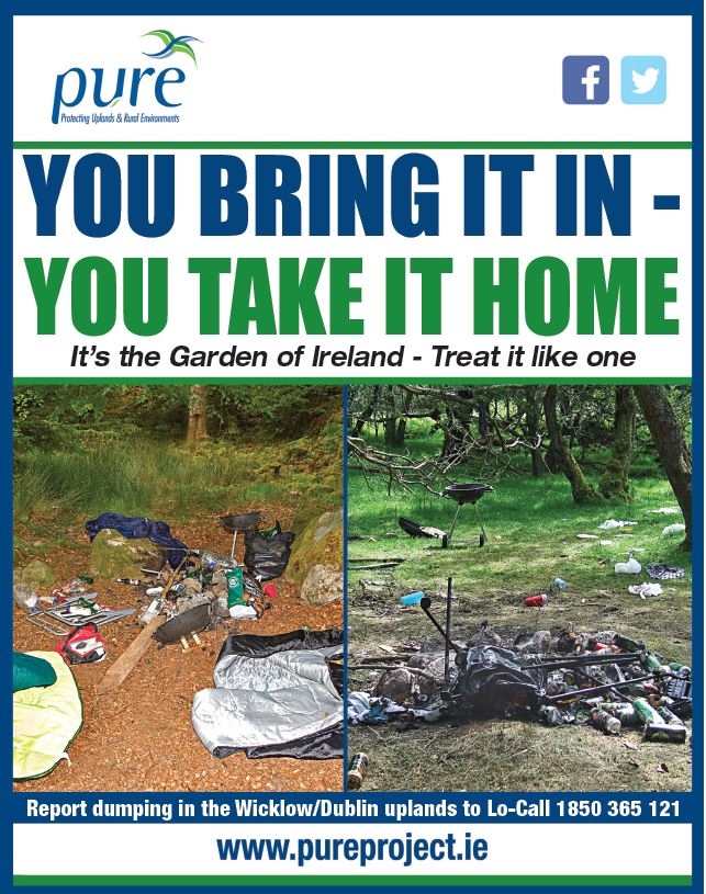 PureProject1's tweet photo. If you are visiting the Wicklow/Dublin Uplands this weekend, It’s Simple – YOU BRING IT IN, YOU TAKE IT HOME.  Take Your Rubbish Home – Thank You @Dept_ECC @wicklowcoco @coilltenews @MountainIrl @WicklowUplands @Wicklow_News https://t.co/IwJapaw3Ed
