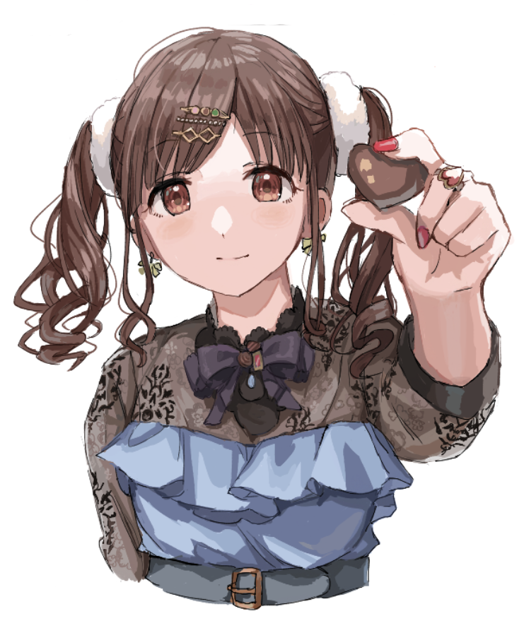 sonoda chiyoko 1girl solo brown hair twintails jewelry food looking at viewer  illustration images