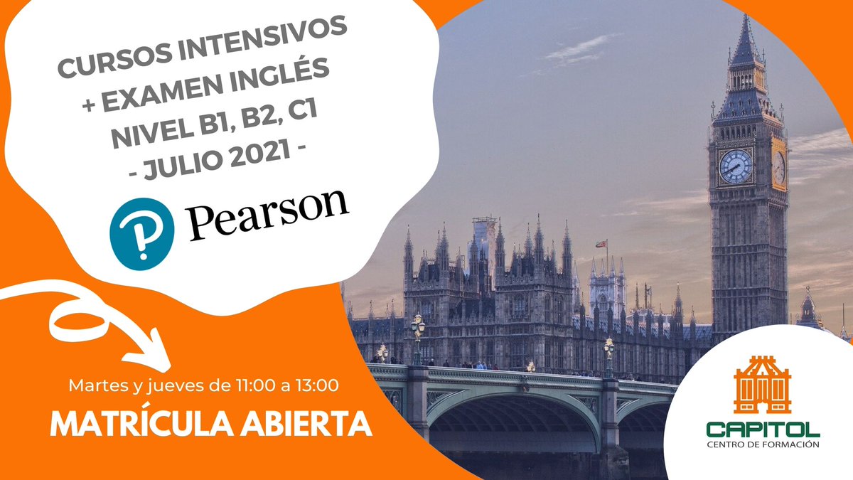 FPCapitol's tweet photo. Este verano consigue tu Certificación de Inglés Internacional con nuestros Cursos Intensivos B1-B2-C1 que te prepararán para el examen de Pearson.

📅 Del 29 junio - 22 julio 2021
⏰ Martes y jueves de 11:00 a 13:00
📋 EXAMEN: 24 julio

Reserva de Plazas➡️ https://t.co/BVcGzax5VK https://t.co/kcYMorTlRC
