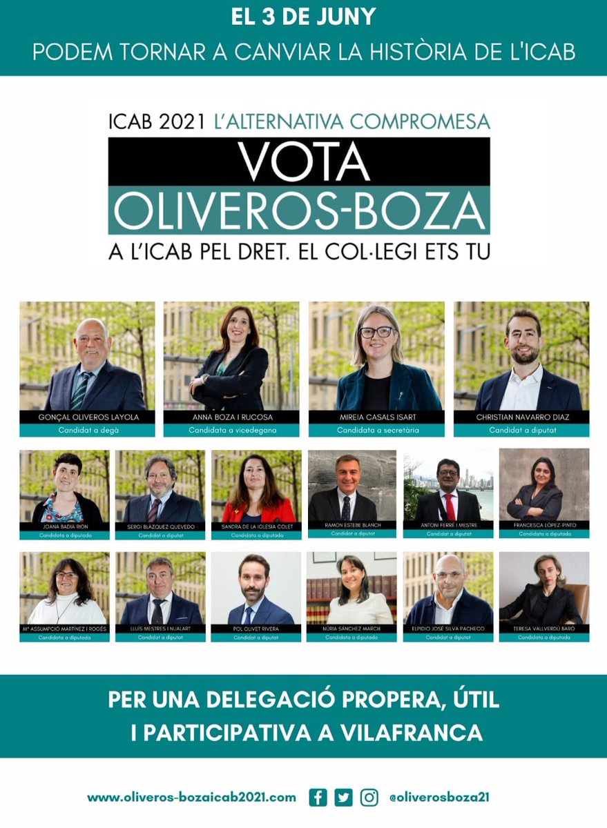 TeresaVallverd1's tweet photo. El dia 3 de juny a l ICAB , VOTAT A TU, VOTA CANDIDATURA OLIVEROS - BOZA . VOTA ILLUSIÓ #ICABpertothom https://t.co/bMxZ6wtkcu