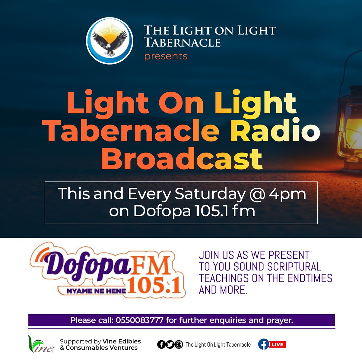 LightonLightTab's tweet photo. Join our #RadioBroadcast 📻on Dofopa1051fm  in #Accra, #Ghana, starting this Saturday! You will be greatly blessed!
📞0550083777

#ThisIsLightOnLight✨✨
#TheRevealedWordMustGo

---------------------------------------------------------

Supported by @VineGhana https://t.co/oTy5Yj6DcM