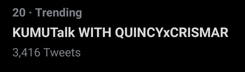 teamcrismarofc's tweet photo. Top twenty na ? Ayiiee. More Fresh tweets pa po.

KUMUTalk WITH QUINCYxCRISMAR https://t.co/3ECC9V1JRY