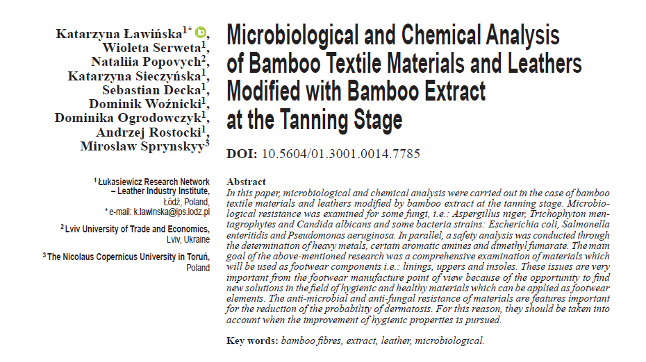 Ławińska et al.🇵🇱🇺🇦 analyse microbiological aspects of bamboo textile materials and leathers modified by bamboo extract. Read here: fibtex.lodz.pl/article2297.ht… 

#OpenAccess #BambooFibre #microbiological