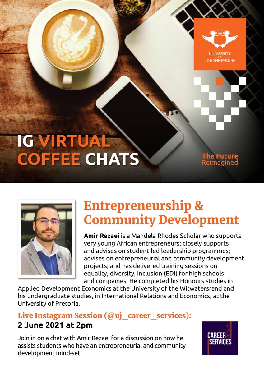 UJCareerService's tweet photo. Hey UJ🙃, join us on Wed, 2 June at 12pm for an IG live on a discussion about entrepreneurship and community development.
#CommunityThings
#BeingYourOwnBoss
#YourCareerPlug
#YourFutureCareer
#UJCareerServices
#YourCareerReimagined https://t.co/D0AwPi29Gn