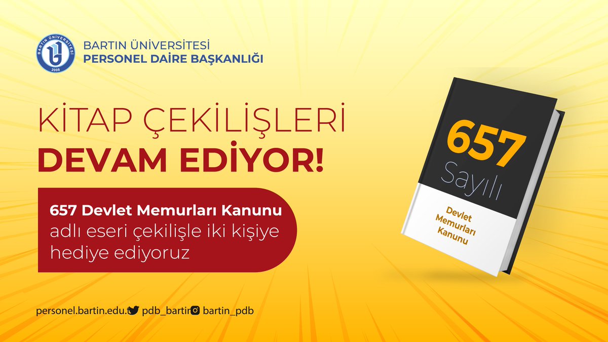 Kitap çekilişlerimiz devam ediyor.
İkinci kitabımız, uygulamadaki temel kanunumuz olan 657 sayılı Devlet Memurları Kanunu.
Çekilişe katılmak için şartlar;
-Sayfamızı takip et, 
-Gönderiyi Retweet yap, 
-Yoruma bir arkadaşını etiketle
Sonuçları 18 Haziran 2021 günü açıklanacaktır.