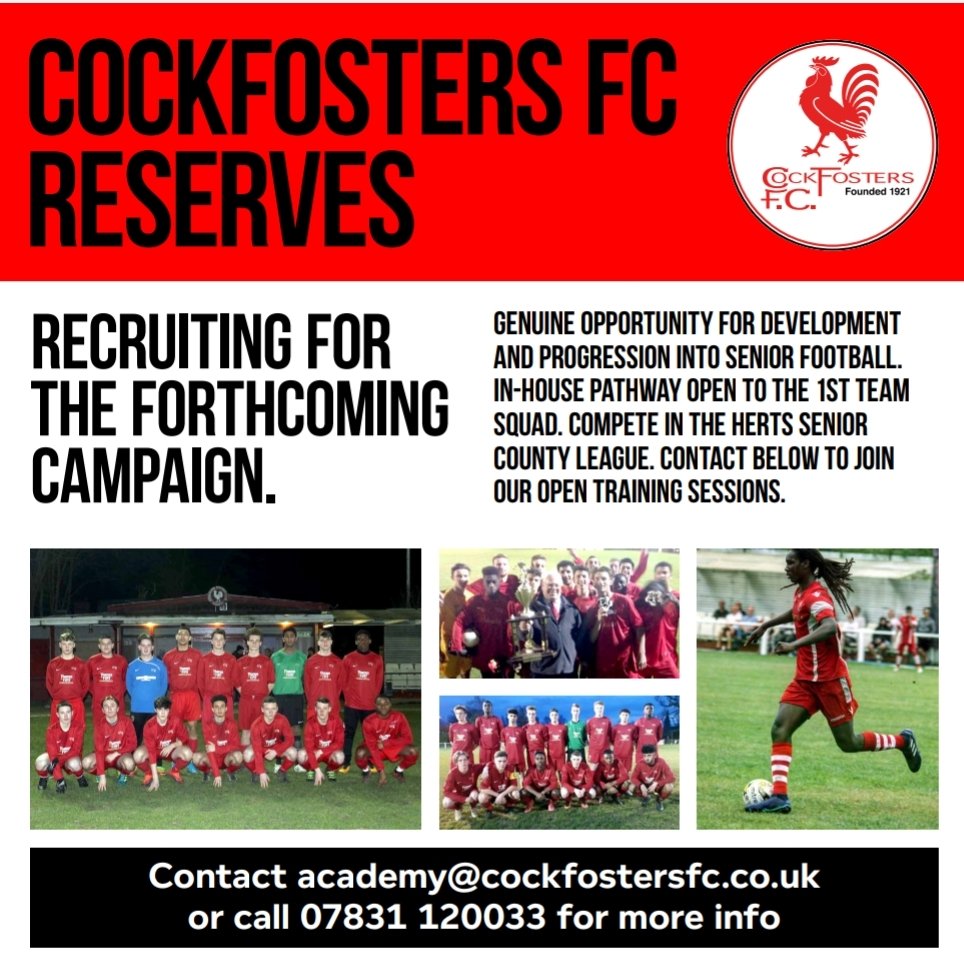 COCKFOSTERS RESERVES | TRIALS.
A great opportunity for those of a younger age looking 2 transition into the senior game with a genuine pathway 2 our 1st team squad. Experienced players also required &amp; welcome. We compete in the Herts Senior County League. Pls RT #UpTheFosters