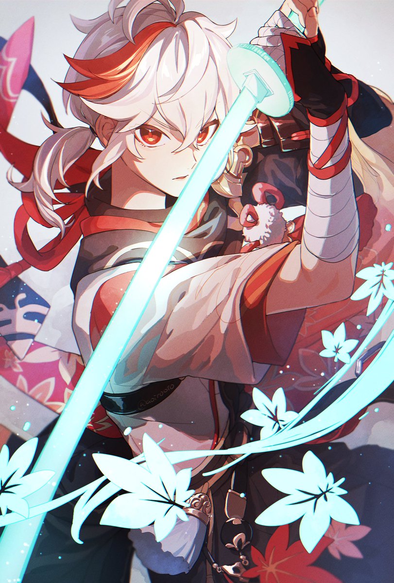 kaedehara kazuha 1boy weapon male focus sword red eyes solo holding  illustration images