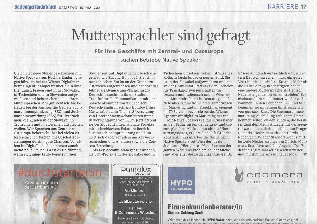 ++ Extrablatt ++ Extrablatt ++

Wir freuen uns, in den <a href="/sn_aktuell/">SN aktuell</a> vertreten zu sein! 📰

👉 Native Speaker oder Übersetzungsbüro - wie sind Ihre Erfahrungen?
🇨🇿 🇸🇰 🇸🇮 🇦🇹 🇩🇪 🇨🇭 🇬🇧 🇺🇸

ℹ karriere.sn.at/karriere-ratge… 
#cee #nativespeaker #translate #onlinemarketing #seo #sea #slopelift