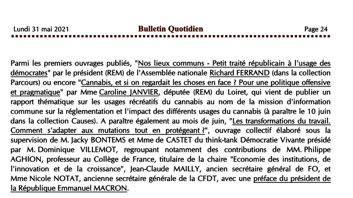 PUBLICATION | 🗣 Le Bulletin Quotidien annonce en avant-première la sortie prochaine de notre ouvrage collectif préfacé par <a href="/EmmanuelMacron/">Emmanuel Macron</a> sur les "Transformations du Travail - comment s’adapter aux mutations tout en protégeant ?" aux éditions Point d’Orgue