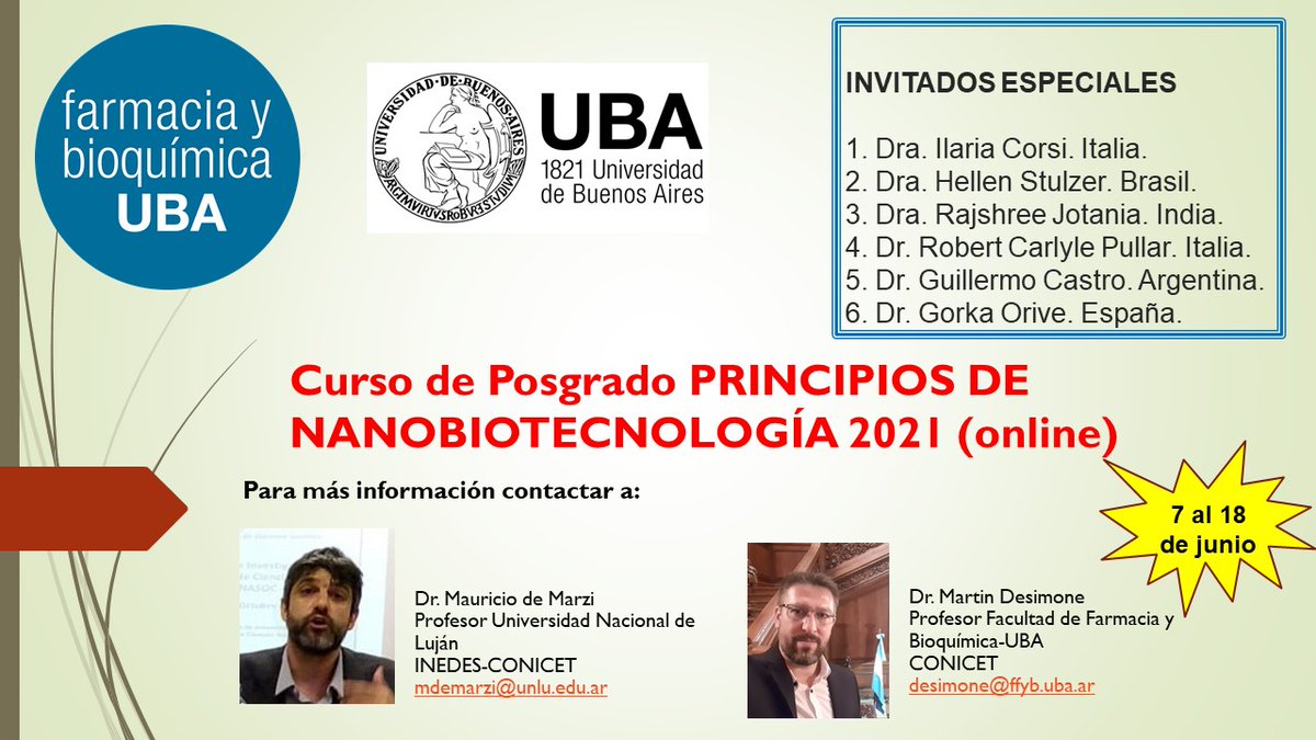Martin Desimone (@dr_desimone) on Twitter photo Posgrado PRINCIPIOS DE NANOBIOTECNOLOGÍA
INVITADOS ESPECIALES
Dra. Ilaria Corsi. Italia <a href="/EcobiomLab/">Ecotoxicology & Biomonitoring Lab</a>
Dra. Hellen Stulzer. Brasil <a href="/hellenstulzer/">Hellen Stulzer</a>
Dra. Rajshree Jotania. India
Dr. Robert Carlyle Pullar. Italia
Dr. Guillermo Castro. Argentina
Dr. Gorka Orive. España <a href="/gorka_orive/">Gorka Orive</a> Posgrado PRINCIPIOS DE NANOBIOTECNOLOGÍA
INVITADOS ESPECIALES
Dra. Ilaria Corsi. Italia <a href="/EcobiomLab/">Ecotoxicology & Biomonitoring Lab</a>
Dra. Hellen Stulzer. Brasil <a href="/hellenstulzer/">Hellen Stulzer</a>
Dra. Rajshree Jotania. India
Dr. Robert Carlyle Pullar. Italia
Dr. Guillermo Castro. Argentina
Dr. Gorka Orive. España <a href="/gorka_orive/">Gorka Orive</a>