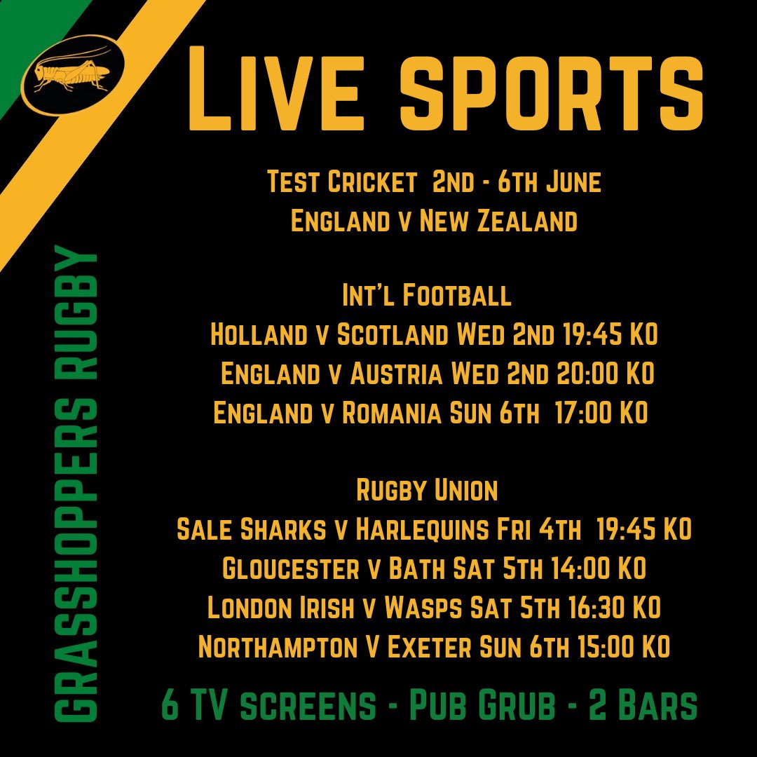 GrasshoppersLDN's tweet photo. A fantastic week of live sport @GrasshoppersLDN including Test Cricket, International Football & Premiership Rugby. #WestLondon #Rugby #RugbyUnion #MiddlesexRugby #MiddlesexNetball #Netball #Hounslow #Osterley #Isleworth #Brentford #Chiswick #Acton #Hanwell #Kew https://t.co/sNLIrtmKO9
