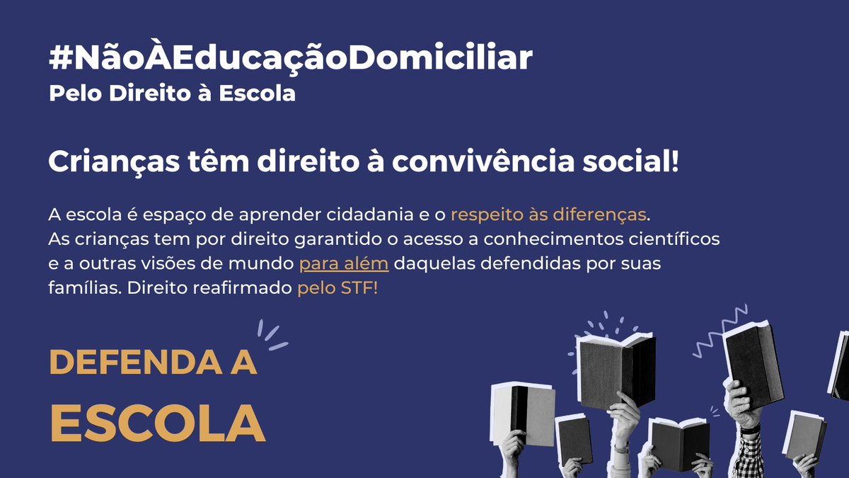 camp_educacao's tweet photo. O homeschooling fere o direito de crianças e adolescentes à convivência social. Lugar de educação de qualidade é na escola. #NãoÀEducaçãoDomiciliar https://t.co/qeMxawtXq9