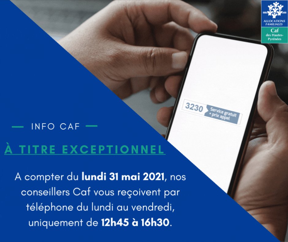 CafHaPy's tweet photo. [INFO CAF]

👉 A titre exceptionnel 👈

📞 A compter de ce jour, lundi 31 mai 2021, nos conseillers Caf vous reçoivent par téléphone du lundi au vendredi de 12h45 à 16h30 uniquement.

#Caf65 #Accueil https://t.co/xjuJefmaAa
