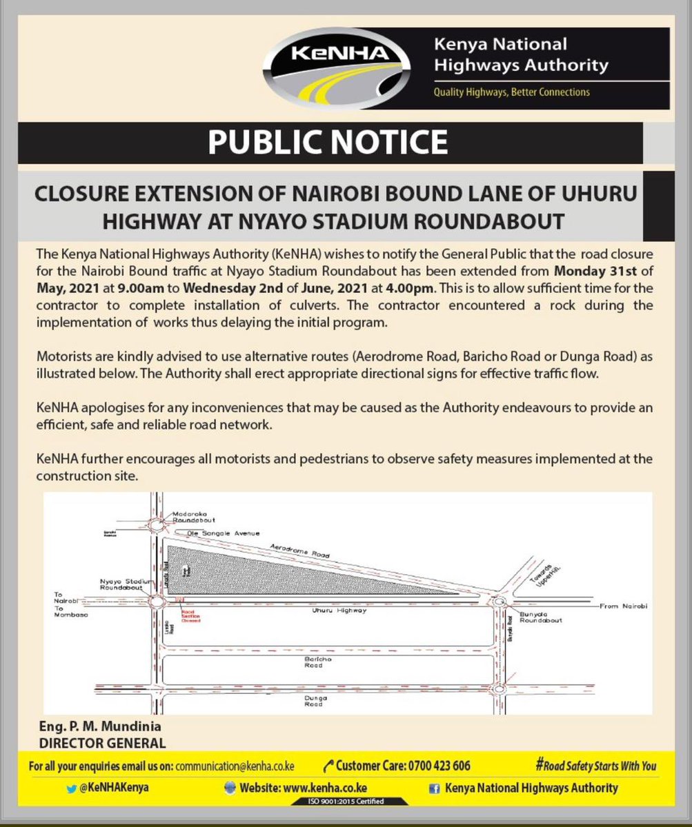 <a href="/Ma3Route/">Ma3Route</a> <a href="/tycoontraffic/">tycoonews/traffic</a> <a href="/PwaniTraffic/">Mpwani traffic</a> <a href="/KenyanTraffic/">KenyanTraffic</a> <a href="/RoadAlertsKE/">Road Alerts</a> <a href="/OuteringRoadKE/">Outering Road Accidents Alert</a> <a href="/KeRRA_Ke/">Kenya Rural Roads Authority (KeRRA)</a> Kenya National Highways Authority <a href="/KeNHAKenya/">Kenya National Highways Authority (KeNHA)</a> extends closure of Nyayo Stadium roundabout to Wednesday, June 2 at 4pm, motorists advised to use alternative routes.
