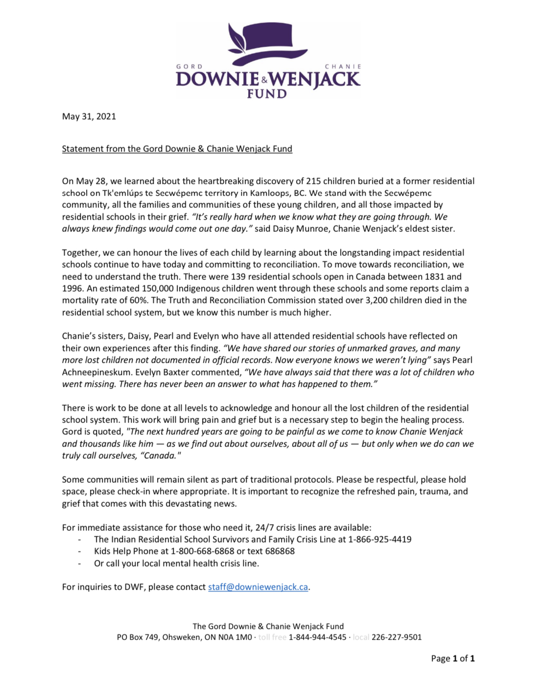 Downie Wenjack Fund on X: On May 28, we learned about the heartbreaking  discovery of 215 children buried at a former residential school on  Tk'emlúps te Secwépemc territory in Kamloops, BC. Read