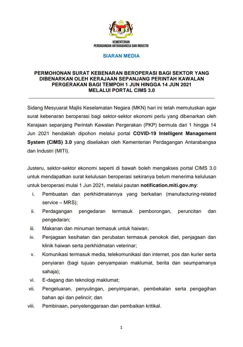 Miti Malaysia On Twitter Siaran Media Miti Berikutan Pengumuman Mknjpm Sebentar Tadi Untuk Menggunakan Cims 3 0 Sebagai Pusat Sehenti Untuk Pendaftaran Syarikat Dalam Sektor Sektor Yang Dibenarkan Beroperasi Bermula 1 Hingga 14 Jun 2021