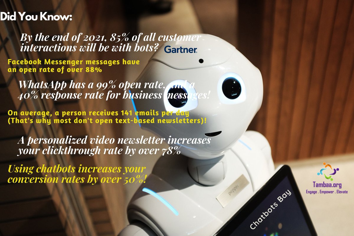 Have you started using chatbots and video newsletters? 

Head over to bit.ly/ChatbotsBay

Tell me if this doesn't change your outlook about online marketing.

Turn those 5-10% conversions, to over 45% conversions instantly! 

 #digitalmarketing #chatbots #ai #videomarketing