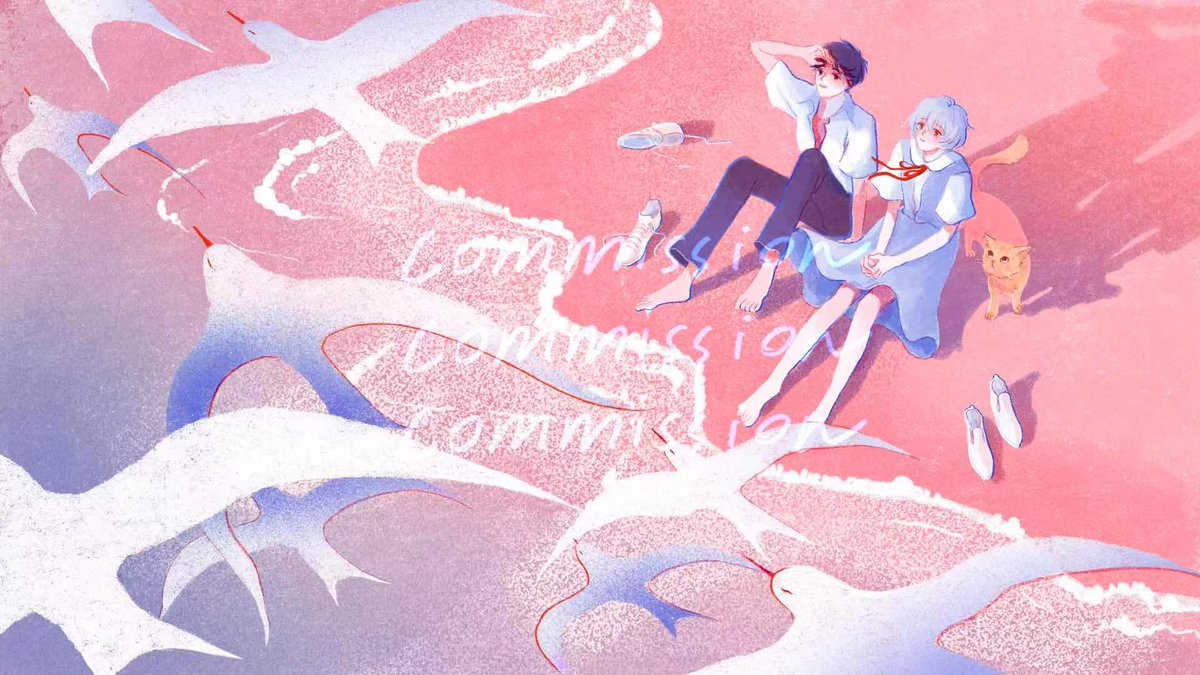 綾波レイ 「Shinji and Rei (on a dreamy pink beach w」|drawing ruiのイラスト