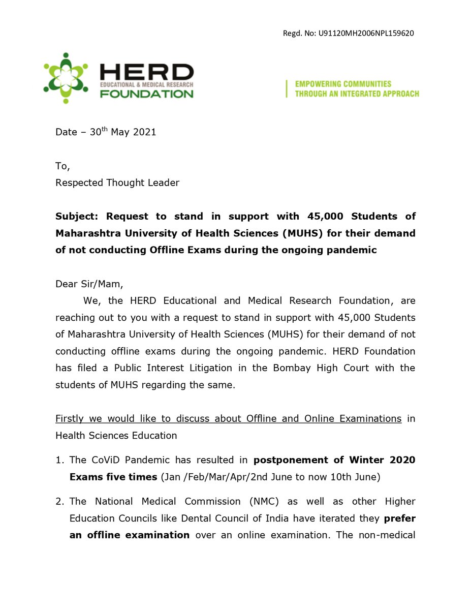 HERDfoundation's tweet photo. Respected Virat Kohliji @imVkohli 
We request you to read the letter attached and extend your support to the students Please help us amplify the cause and make a huge difference
Please feel free to reach out to @DrAmolDeshmukh
to discuss further
Thank you!#muhsonline https://t.co/hllOjBCf1l