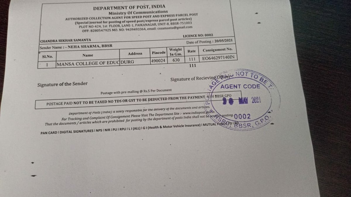 Kris_Khandelwal's tweet photo. @cpmgdelhi @cpmgchattisgarh @rsprasad @CPMG_Odisha 
Parcel (EO646297140IN) sent on 20th May is not yet delivered. 
Sender Neha Sharma, contains B.Ed. 1st sem answer sheets, last day to reach Mansa college was 24th May.
Very urgent Document. Please help 🙏
#departmentofpost https://t.co/i0x4fUn5u9