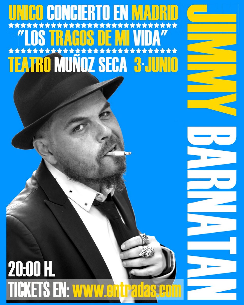El polifacético cantante, escritor y actor Jimmy Barnatán presentará su último trabajo discográfico “Los Tragos de mi Vida”
Jueves 3 a las 20:00 🕗 

<a href="/TeatroMunozSeca/">Teatro Muñoz Seca.</a> 

#concierto #directos <a href="/JimmyBarnatan/">Jimmy Barnatán Oficial</a> <a href="/mikicamacho/">miki camacho</a>