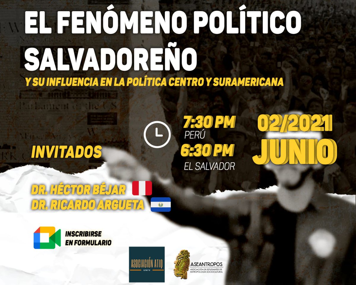 AseantroposUES's tweet photo. Este miércoles discutiremos con compañeros/as peruanos al respecto de la situación actual salvadoreña y su influencia en la región centro y suramericana

El evento no será transmitido por redes, será una reunión por Google Meet 👇

Link de inscripción: https://t.co/FehAlIaCnD https://t.co/xLTZe7TGOa