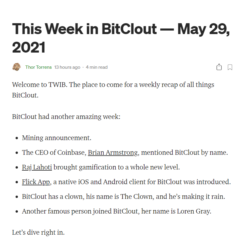 Our team member, Thor Torrens - brings you the latest happenings from the last week on the BitClout Platform. 🚀

Read more: bit.ly/3wJVyZT