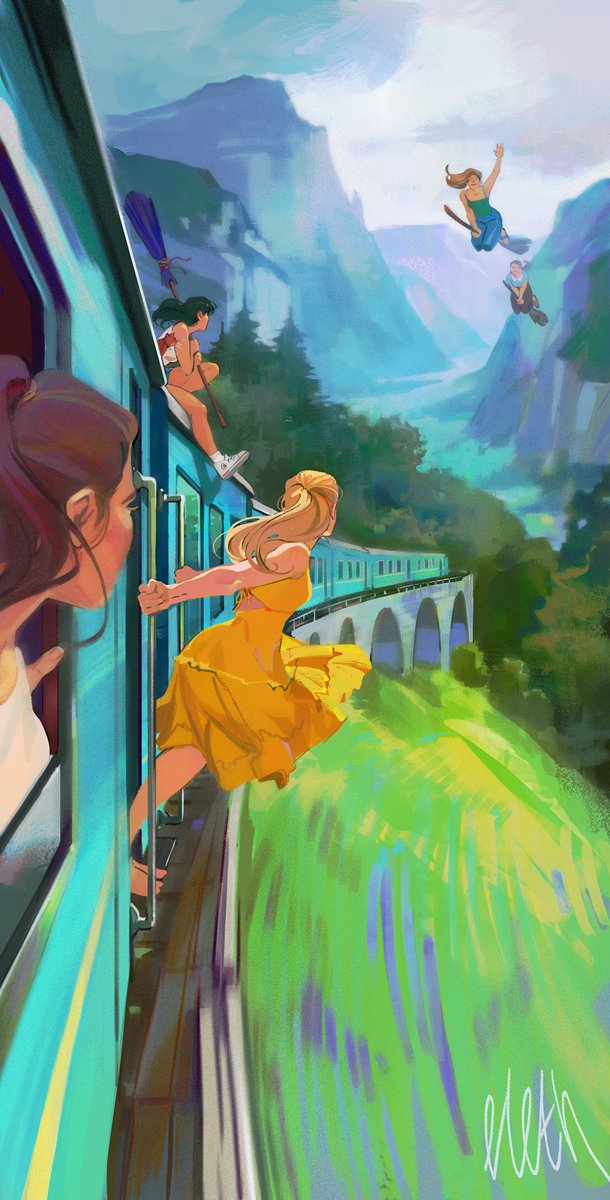 eleth_art's tweet image. Witches on a railroad adventure🚂🚃🚃🚃🚃☕✨