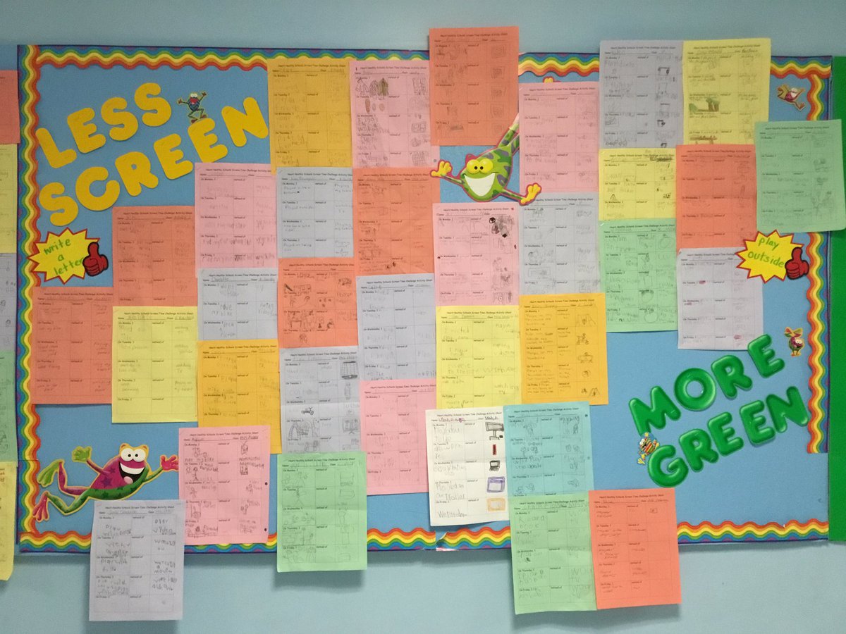 datl_ed's tweet image. Heart Healthy Challenge week#4 was to limit screen time. Students were asked to draw/write what they did instead of using a screen each day. We had great responses! We filled two bulletin boards! Thanks, families, for supporting this program! @HeartandStroke #hearthealthyschools