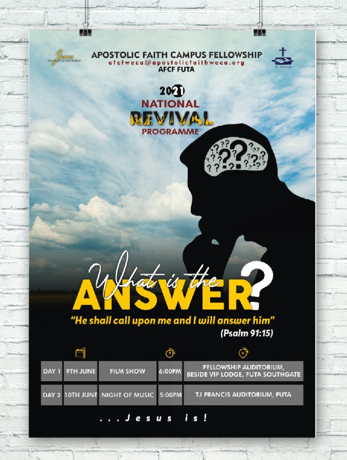 IpadeolaStephe2's tweet photo. Apostolic Faith Campus Fellowship, invites you to her National revival Program 🔥coming up Next week, Wednesday (9th June) and Thursday(10th June).

What is the Answer?
What is the Answer?

@kunleofofo
@futasugovt
@thefutastudent1 
@Proud_futarian https://t.co/eK4u9QUifT