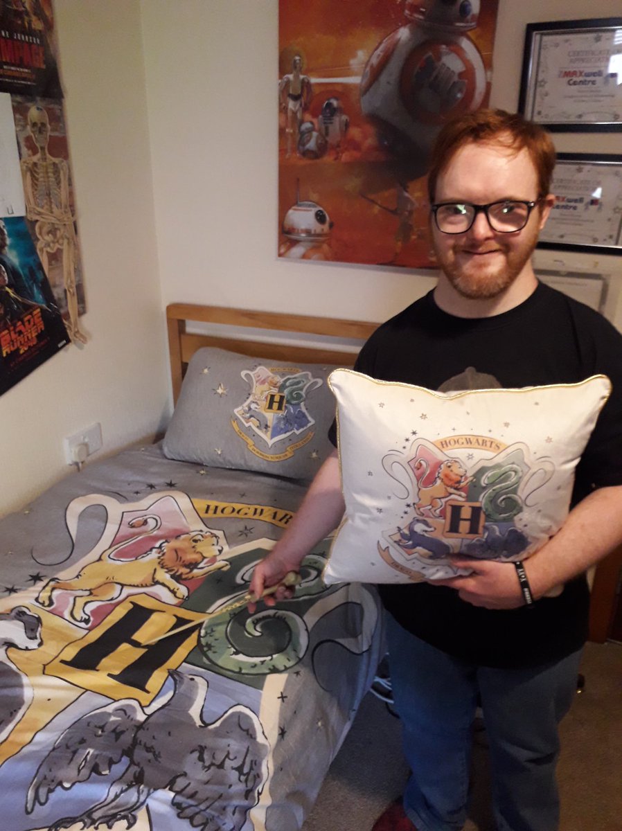 Robert is a MASSIVE Harry Potter fan and is delighted with his new purchases …… check out his new bedding set and bed cushion 🛏🧙🏼‍♂️🤩💙 #TeamWilliamBarclay #CareWorkers #DownSyndrome #Disability #Choice