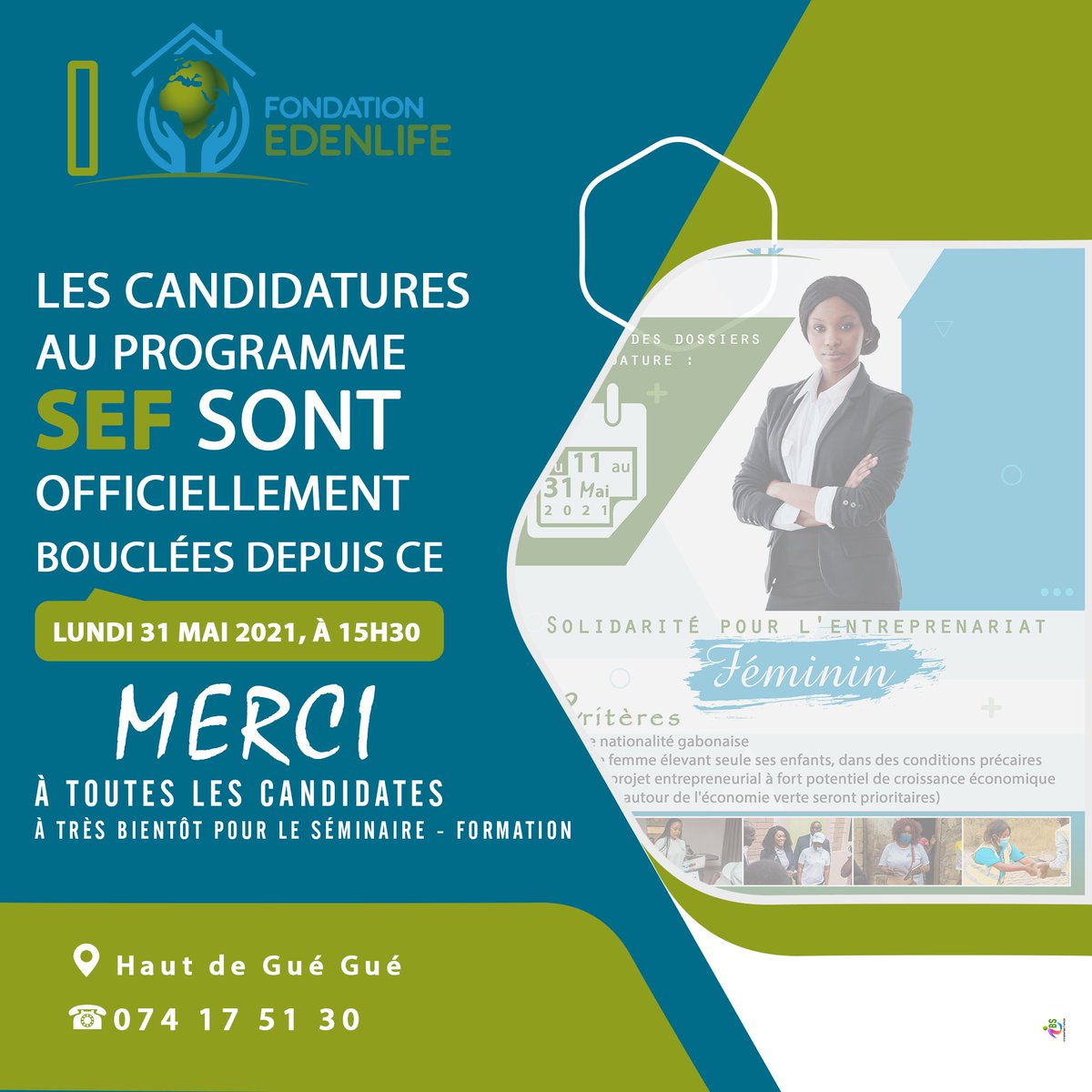 [🟢PROGRAMME SEF : FIN DE LA PHASE DE DÉPÔT DES DOSSIERS DE CANDIDATURE] 
Vous êtes nombreuses à avoir déposé vos dossiers de candidature au Programme SEF. Nous vous remercions pour l'intérêt porté 🙏.
A très bientôt pour la deuxième étape : " Séminaire - Formation"... Tic tac 👌
