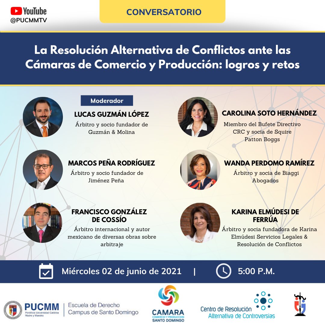 2-JUN | Conversatorio: “La Resolución Alternativa de Conflictos ante Cámaras de Comercio y Producción: logros y retos”. Con la participación de <a href="/m_pena/">Marcos Peña R.</a>, Carolina Soto, <a href="/PerdomoWanda/">Wanda Perdomo</a>, Francisco González de Cossío y Karina Elmúdesi. Modera: <a href="/LucasAGuzmanL/">Lucas A. GUZMÁN LÓPEZ</a>. 💯👏🏼