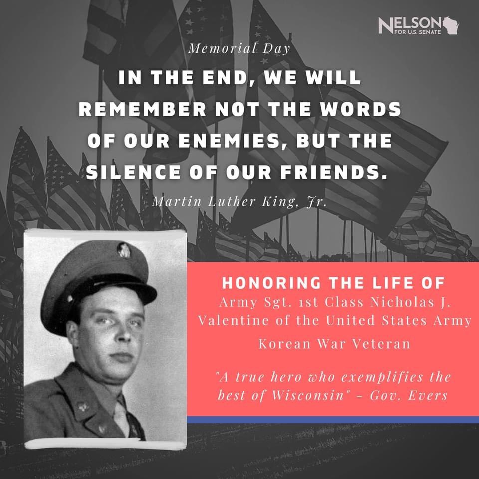 On Tuesday, May 25, the flags were at half-staff in honor of the life of  Army Sgt. 1st Class Nicholas J. Valentine of the United States Army, a  native of Cassville, Wisconsin, image size:960x960
