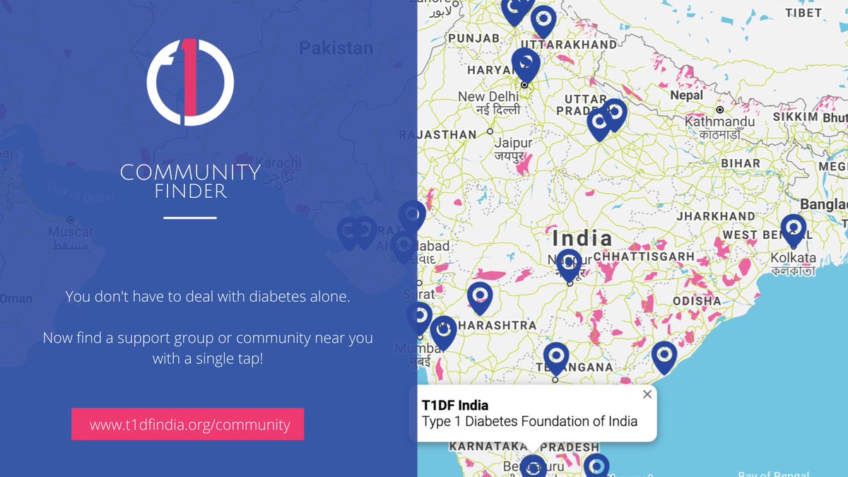 The greatest thing that happened to us as a #T1D is community.

Presenting COMMUNITY FINDER.
This is a simple tool that lists all the T1 support communities on the map. 
Look for your location pin and find your nearest Dia-buddies. 
It's that simple.

t1dfindia.org/community