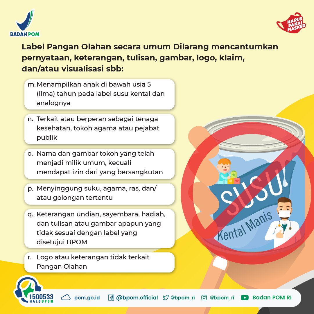 BPOM_RI's tweet photo. Yuk simak infografis berikut untuk tahu hal apa saja yang dilarang untuk dicantumkan pada label kemasan pangan olahan.
#BPOMRI
#PanganAman
#LabelMakanan
#HALOBPOM1500533 https://t.co/UHCjcCipww