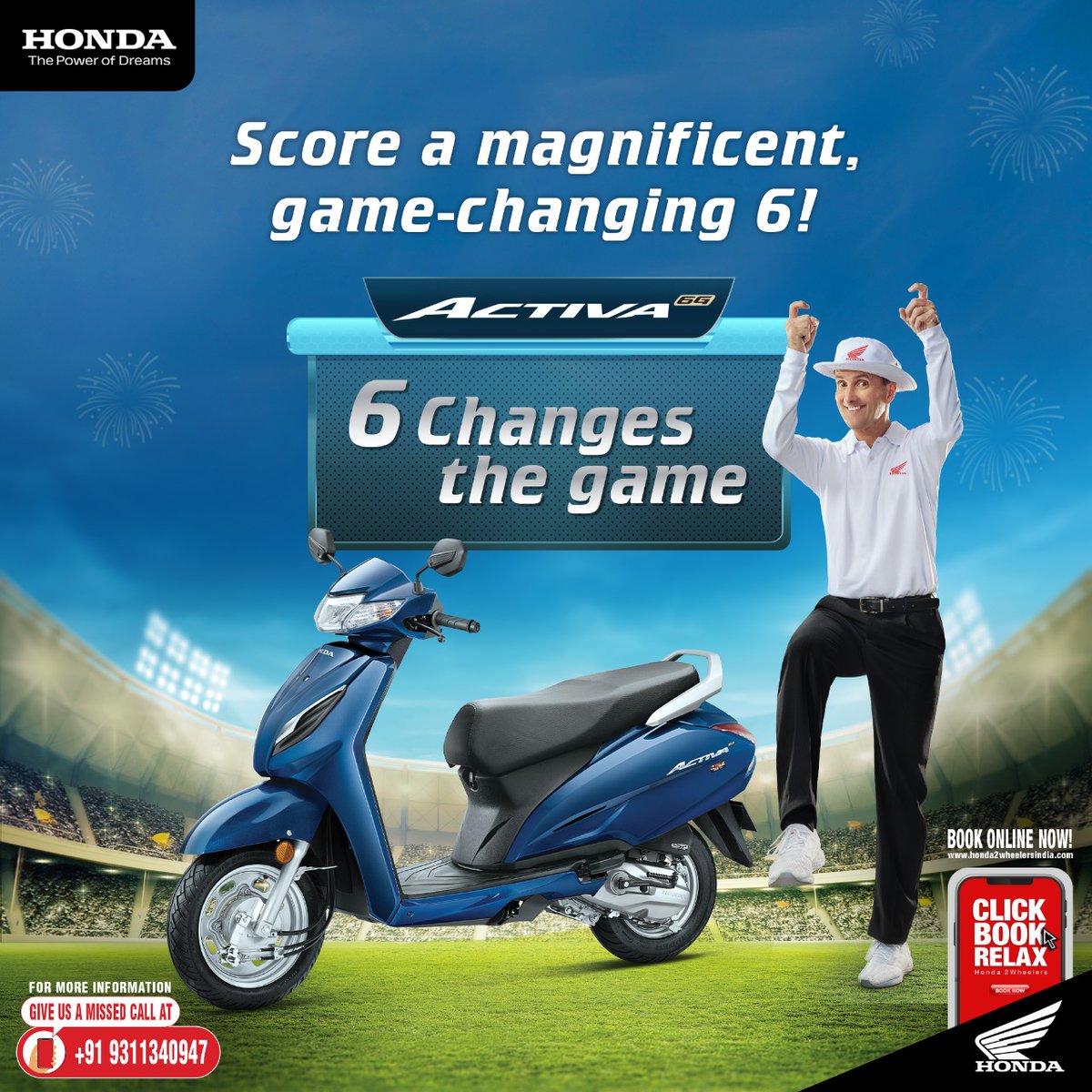 honda2wheelerin's tweet photo. Score a magnificent, game changing 6 with the Honda Activa 6G! It is equipped with the new eSP technology along with incredible new features & BS -VI engine. To know more, please give a missed call on +919311340947 or visit https://t.co/k5lDcVGBDo. #6ChangesTheGame #Activa6G https://t.co/H8LXWijlJP