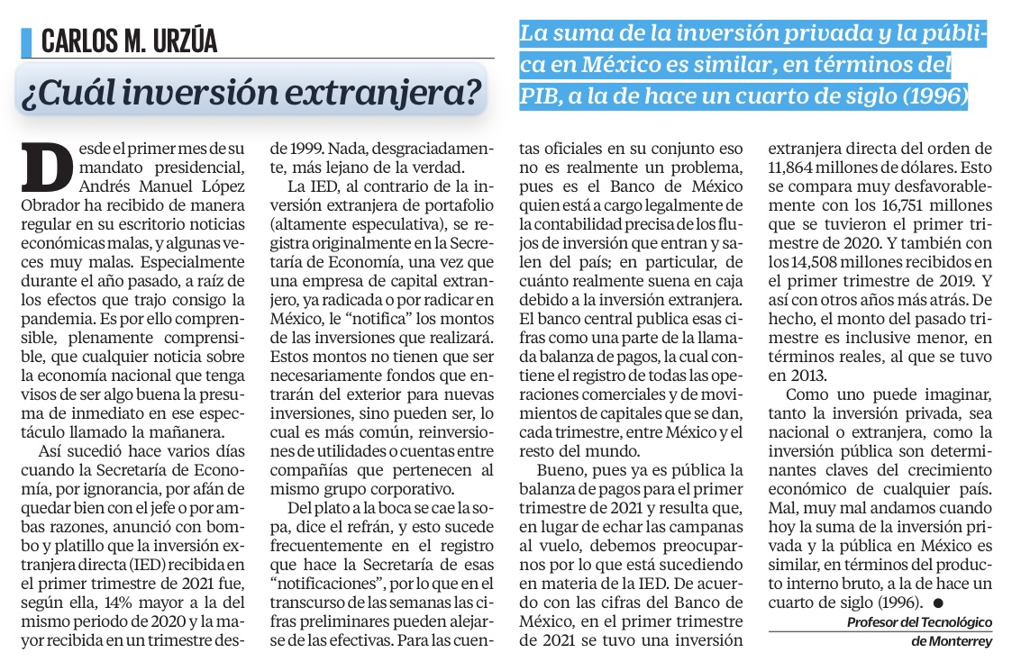 Buenos días, comparto mi columna sobre la caída en la inversión tanto privada (nacional y extranjera) como pública
eluniversal.com.mx/opinion/carlos…