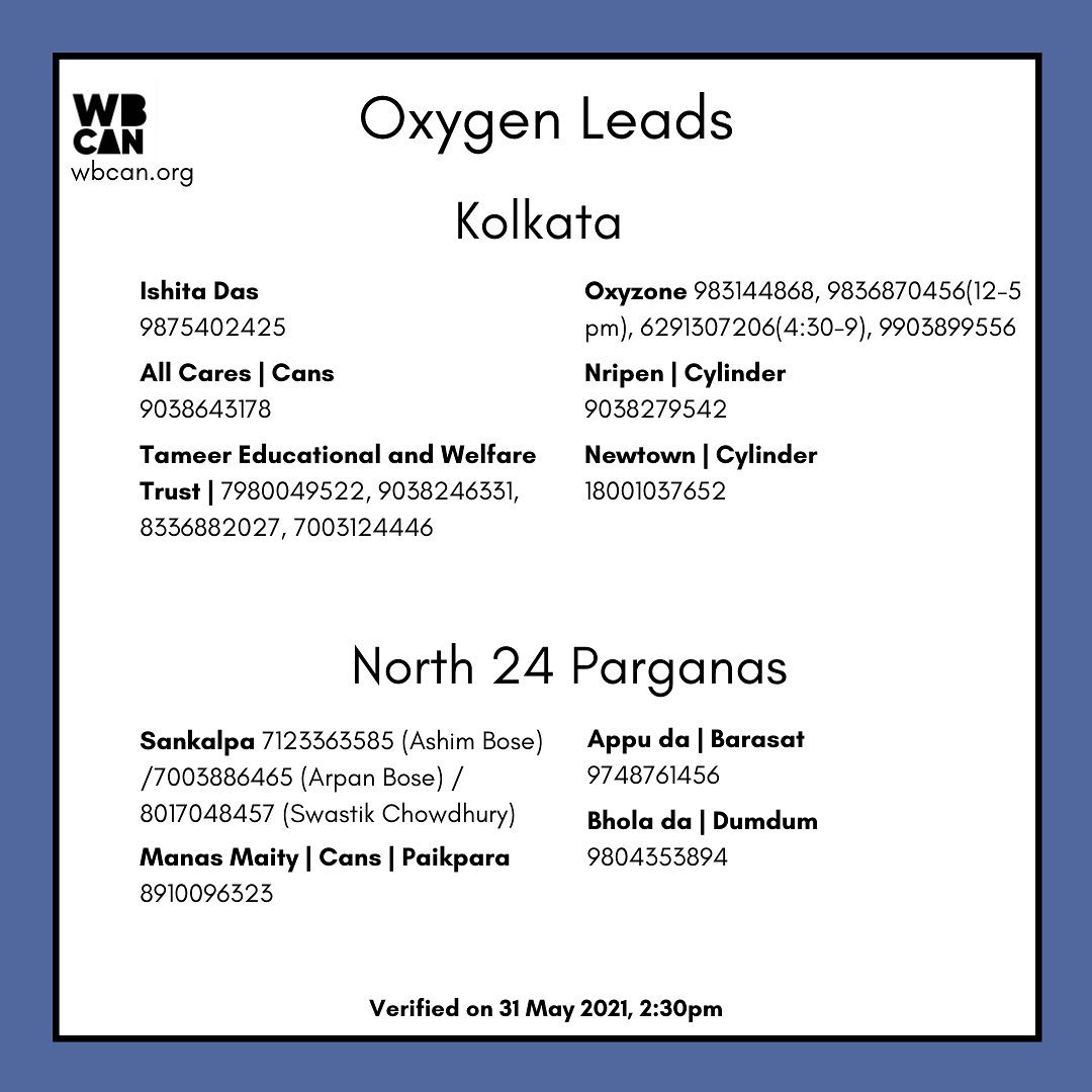 WBCAN2's tweet photo. Verified oxygen West Bengal 31 May.  
Data checked &amp; verified by our volunteers, but due to the dynamic nature of products &amp; services, real time availability not guaranteed.
1/3
#covid_19 #covidindia #covidresources #CovidRelief   #wbcan #WestBengal  #Oxygen https://t.co/54kjUmIGvV