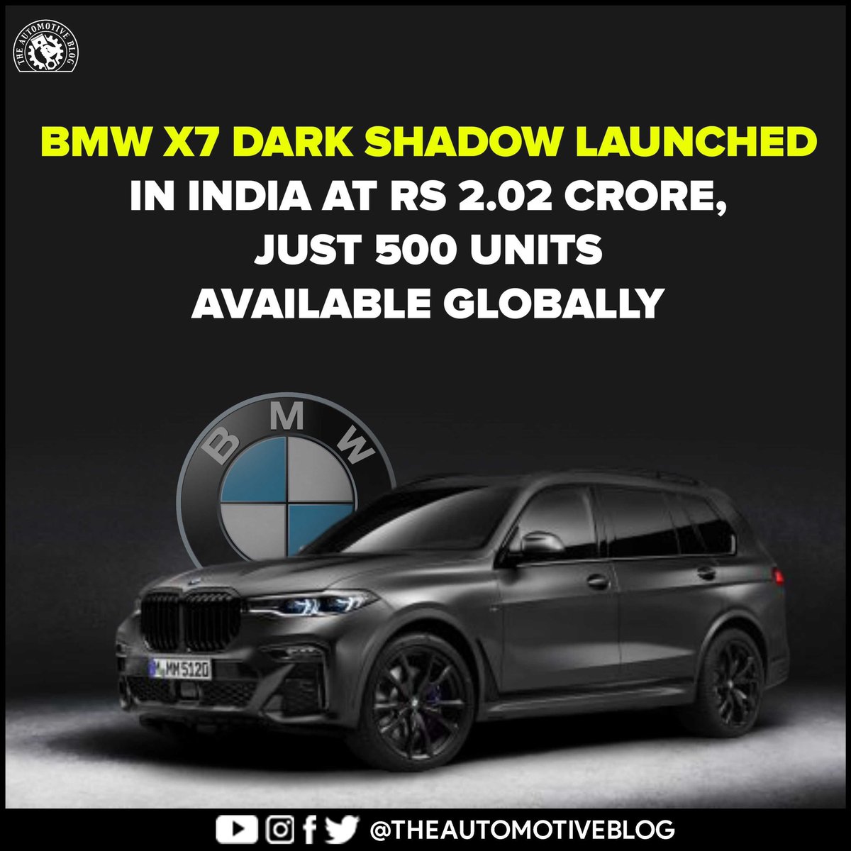 AutomotiveBlog_'s tweet photo. The limited-edition BMW X7 Dark Shadow has been launched in India, priced at Rs 2.02 crore; just 500 units are available worldwide.
@bmwindia @bmw @BMWMotorsport
#bmwm #bmwmclub #bmwmdivision #bmwmdriver #bmwmhd #bmwmjoy #bmwmkit #bmwmlife #bmwmzone #bmwx7 #theautomotiveblog https://t.co/WBEYeqBq8e