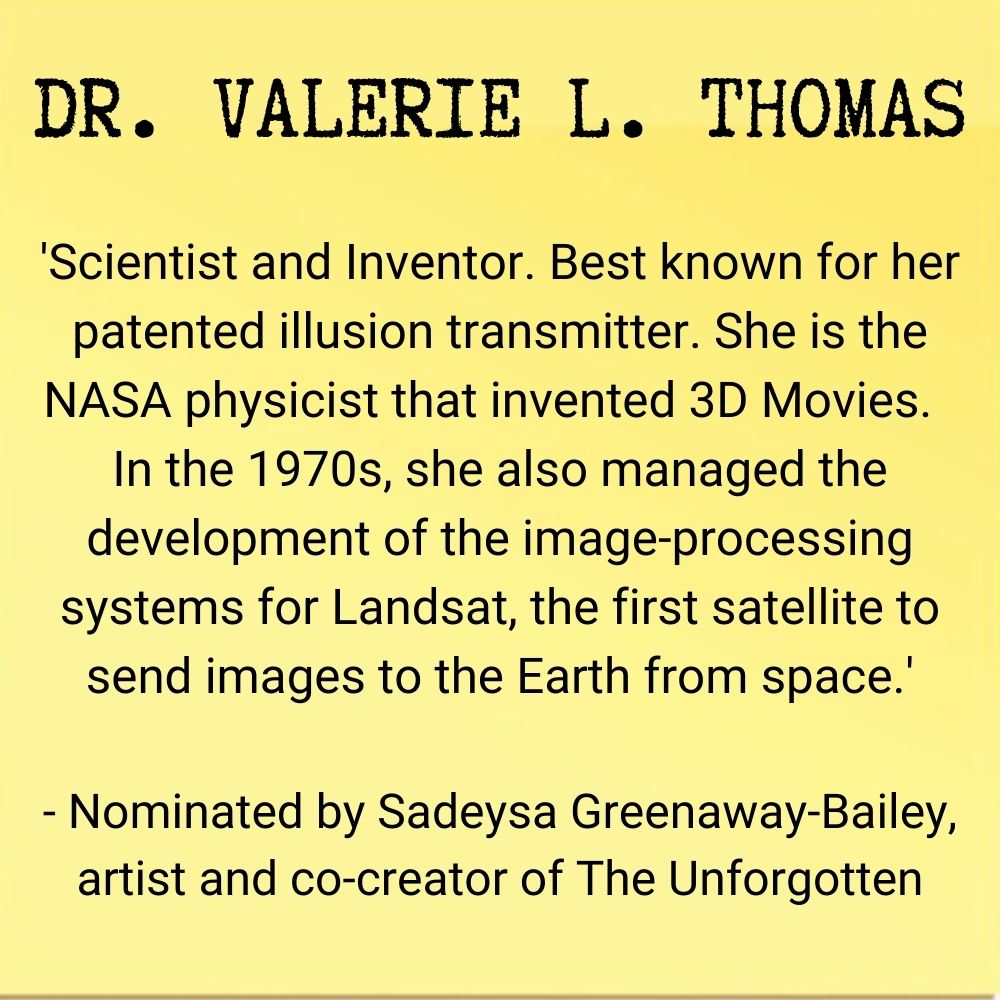 youngvictheatre's tweet photo. Our next #YVUnforgotten nomination is for Dr. Valerie L. Thomas, nominated by Sadeysa Greenaway-Bailey (@sadeysa)
Dr. Valerie is the @NASA physicist who invented 3D movies and managed the development of the image-processing systems for Landsat in the 1970s! https://t.co/YOo10j7box