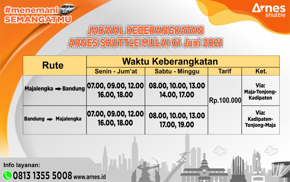 ArnesShuttle's tweet photo. Dear Arnesian, berikut ini jadwal terbaru mulai 01 Juni 2021.
Untuk info lebih lanjut boleh dibantu chat by wa cs kami di 081313555008
*Tetap patuhi protokol kesehatan covid-19 ya*
#ArnesShuttle #Arnesian
#infoterbaru
#menemaniSemangatmu https://t.co/z5AnBuvYlm