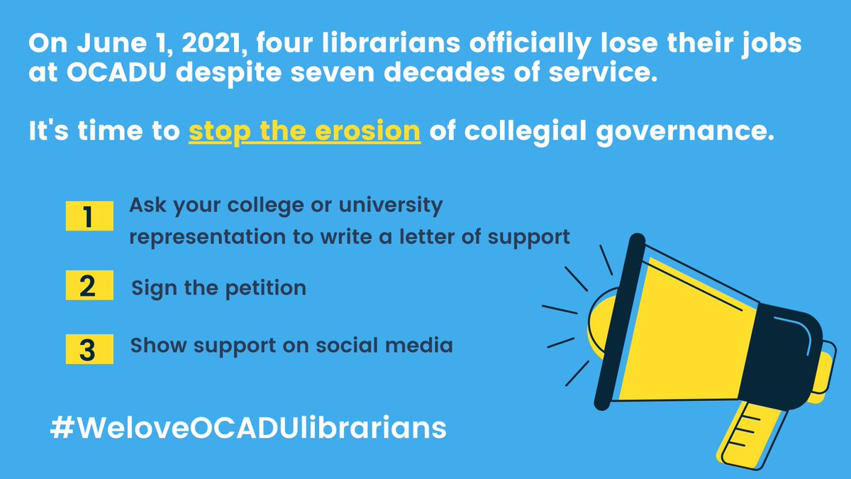 maggiehm's tweet image. I’m signing the petition to tell OCADU Administration that they should reverse the decision to terminate 4 senior librarians. #weloveOCADUlibrarians
thepetitionsite.com/172/609/882/we…